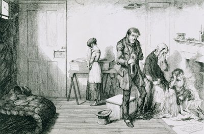 De Fles, Plaat V, Koude, ellende en gebrek vernietigen hun jongste kind: ze troosten zichzelf met de fles, 1847 door George Cruikshank